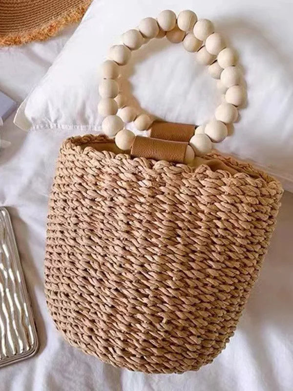 Boho 2026 New Handmade Beaded Handle Straw Woven Rattan Bucket Bag Large Capacity Soft Women's Travel Handbag