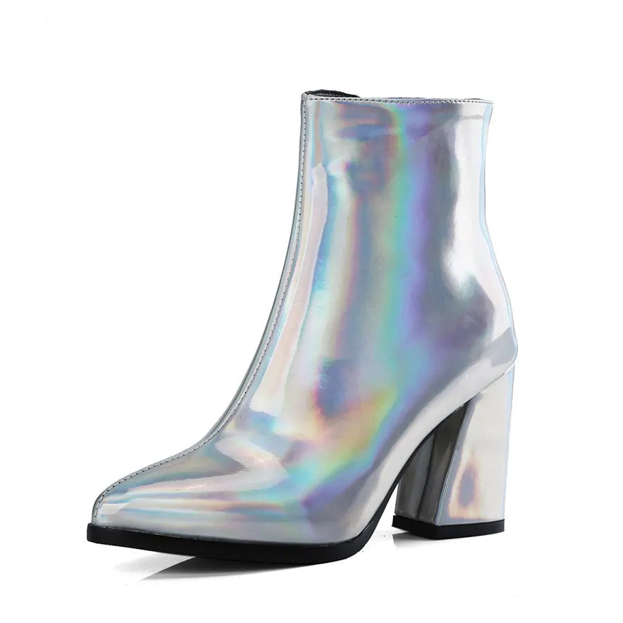 Silver Winter Women Ankle Boots Gold Mirror Patent Leather High Block Heel Party Office Lady Sexy Pointed Toe Zipper Short Plush