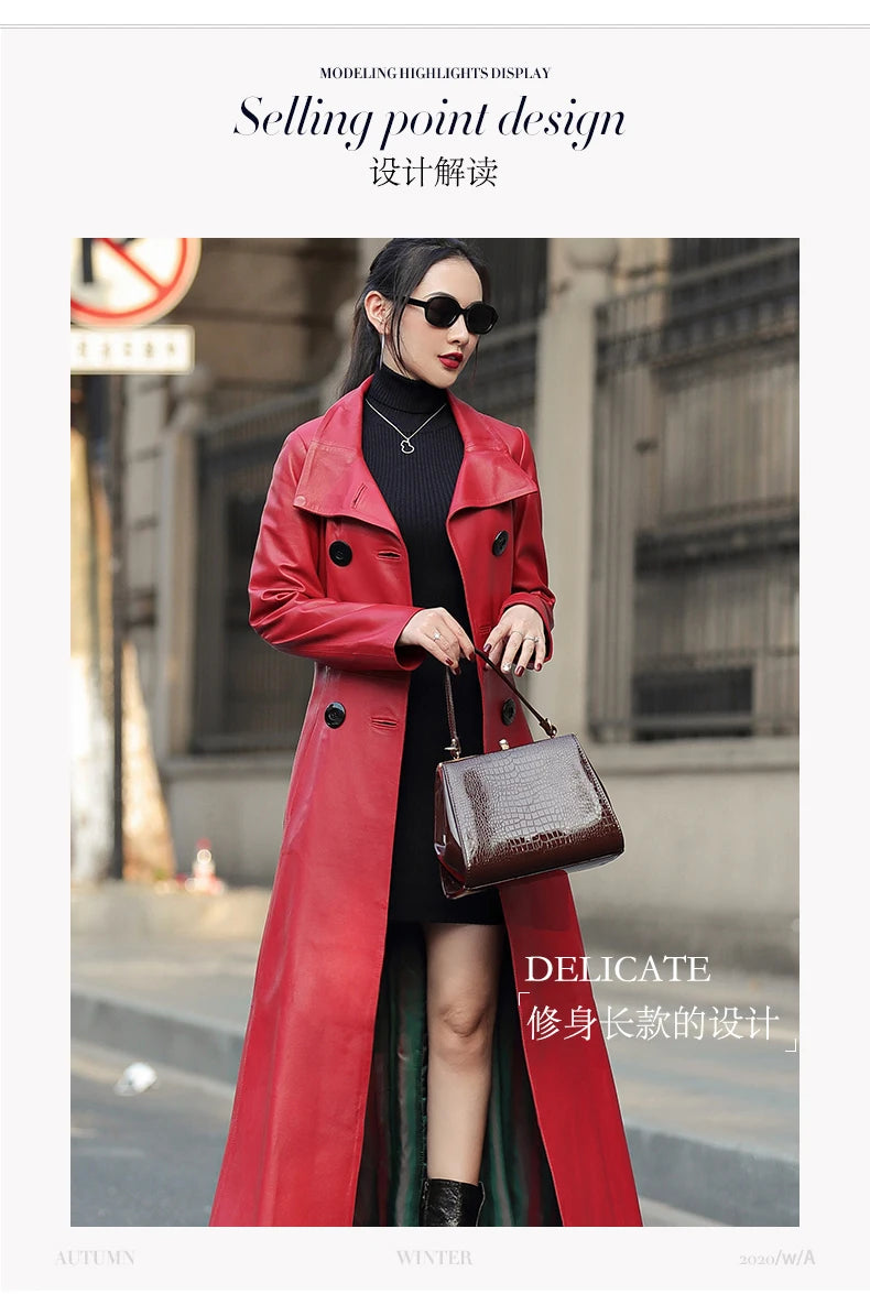 Nerazzurri Autumn Maxi Red Pu Leather Trench Coat for Women Long Sleeve Belt Double Breasted Elegant Luxury Runway Fashion 2023
