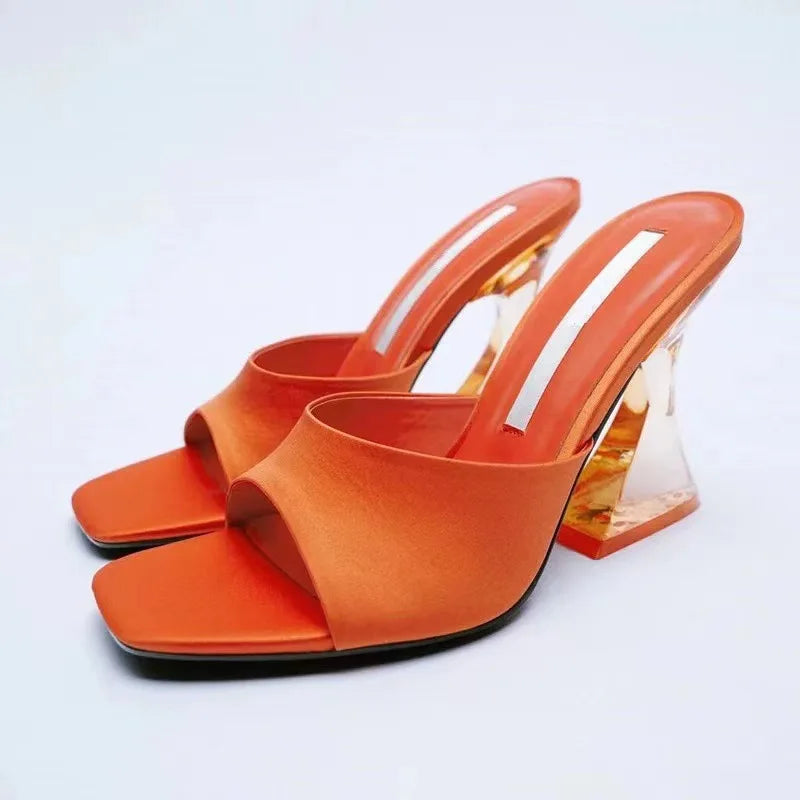 Ladies Wear Sandals on a Transparent Crystal Heel Heels  a Summer Women Open Toe Block Heel High Sandals Women's slippers