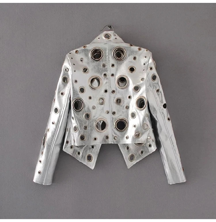Rocker Runway Cut Out Short Faux Leather Jacket Golden Rivet Cool Stylish Designer Clothes Women European American Fashion 2022