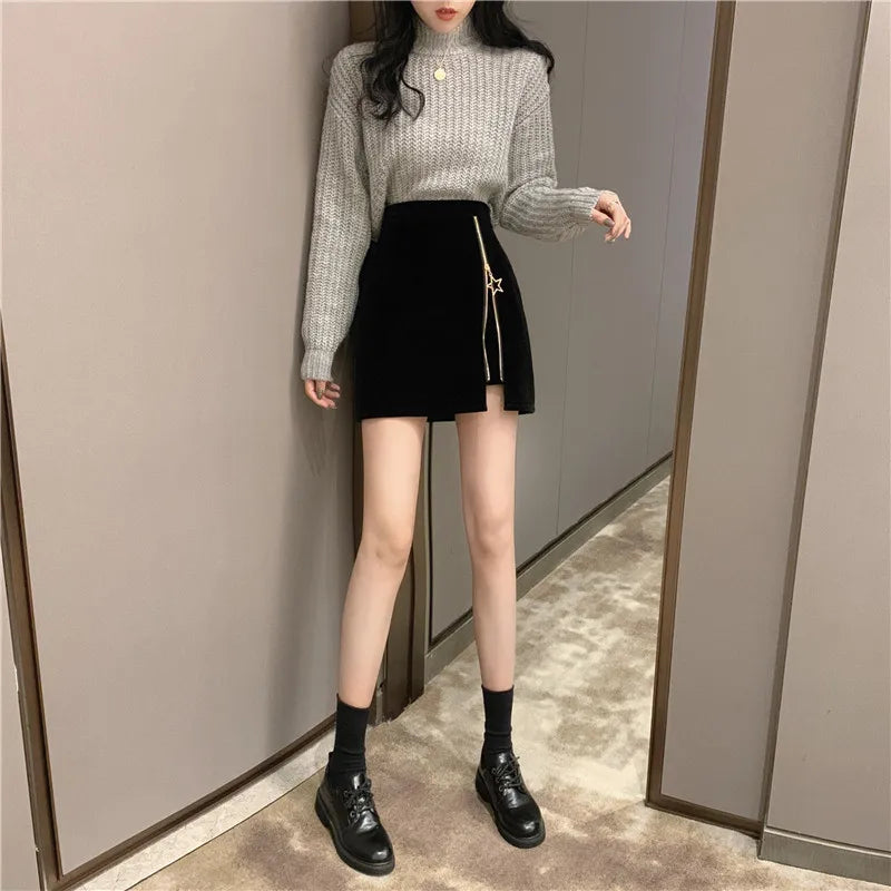 FairyShely Black Mini Skirt Women 2025 Velvet Short Pencil Skirt Korean Ladies Sexy Office Wear High Waist Skirts Zipper Faldas