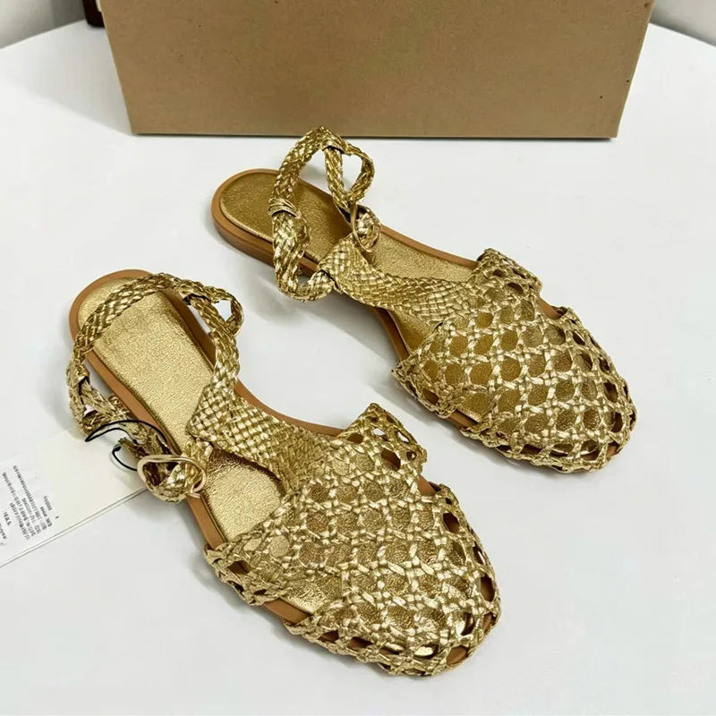 Handmade Woven Sandals Women Braided Flat Sandals with Ankle Strap Hollow Out Fisherman Shoes Summer Beach Casual Slides