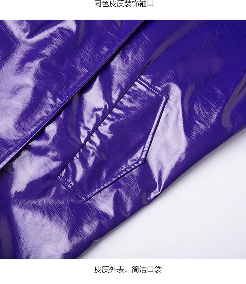 Nerazzurri Spring Autumn Purple Shiny Womens Patent Leather trench coat belt raglan sleeve Oversized soft runway long Overcoat