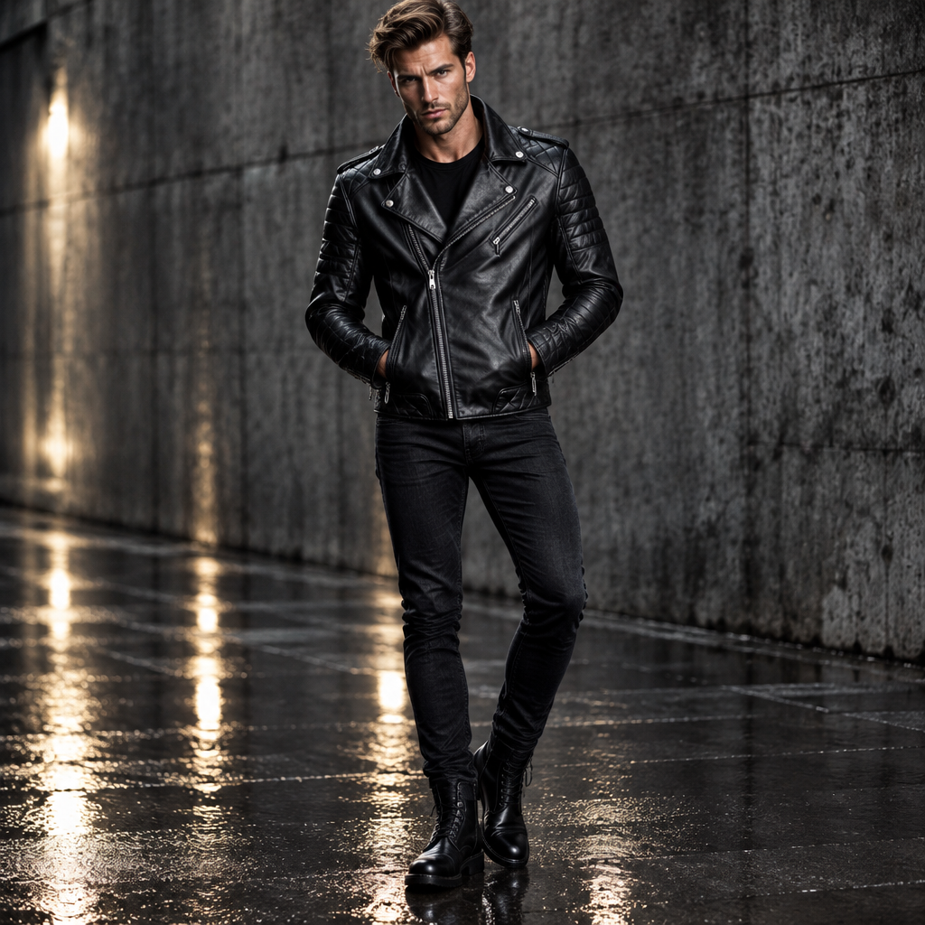 Mens Real Black Leather Jacket Asymmetrical Zip Quilted Shoulder Zip Pockets Sheepskin Biker Coat Custom Vintage Winter Outer