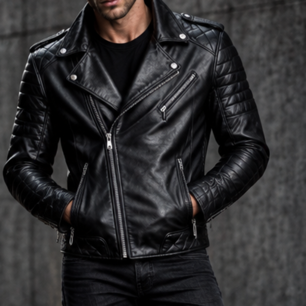 Mens Real Black Leather Jacket Asymmetrical Zip Quilted Shoulder Zip Pockets Sheepskin Biker Coat Custom Vintage Winter Outer