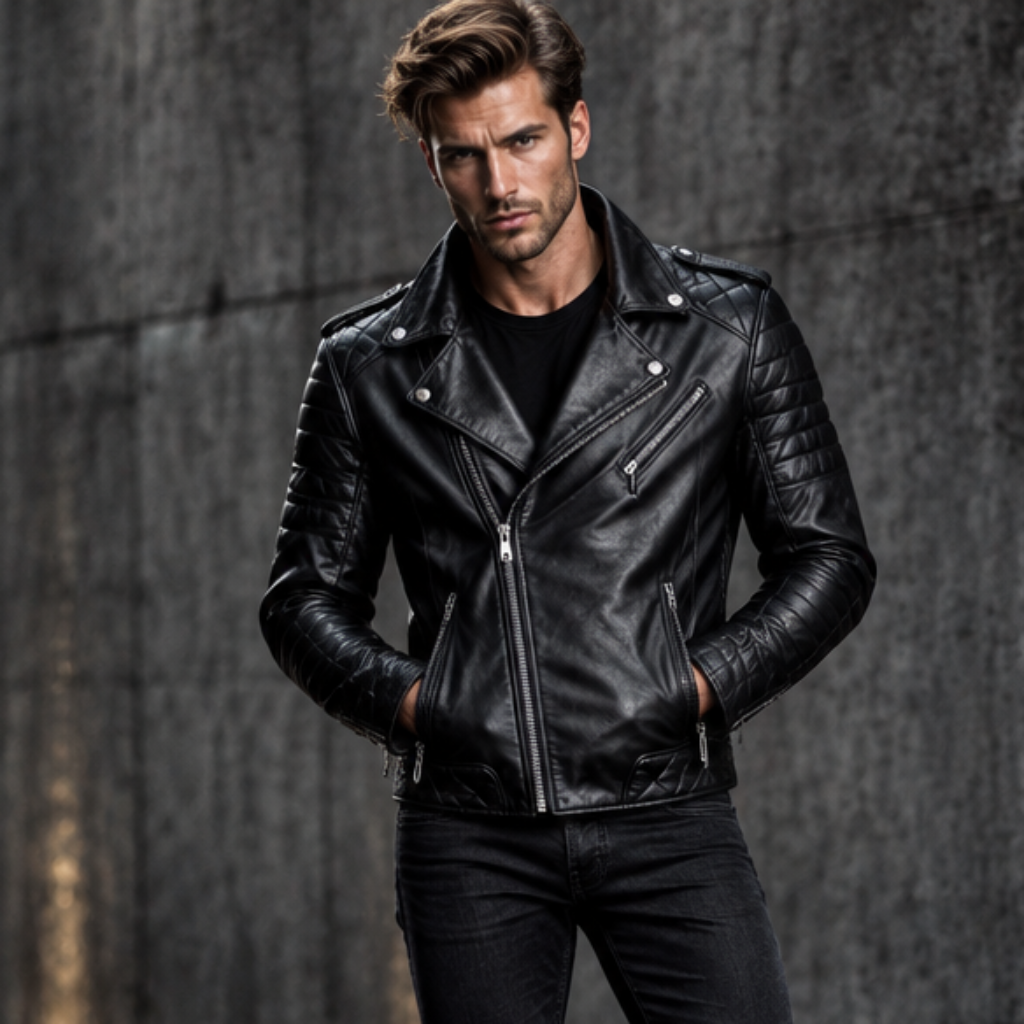 Mens Real Black Leather Jacket Asymmetrical Zip Quilted Shoulder Zip Pockets Sheepskin Biker Coat Custom Vintage Winter Outer