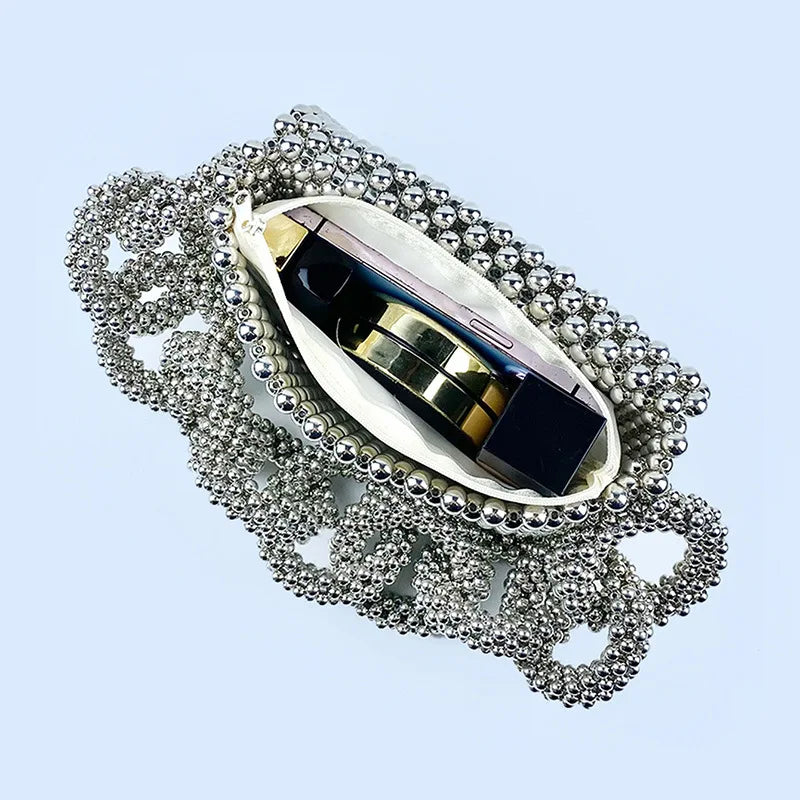 Silver Beaded Bag for Women New Bold Chunky Chain Mobile Phone Bag Hollow Bead Bag Finished Handheld One Shoulder Underarm Bag