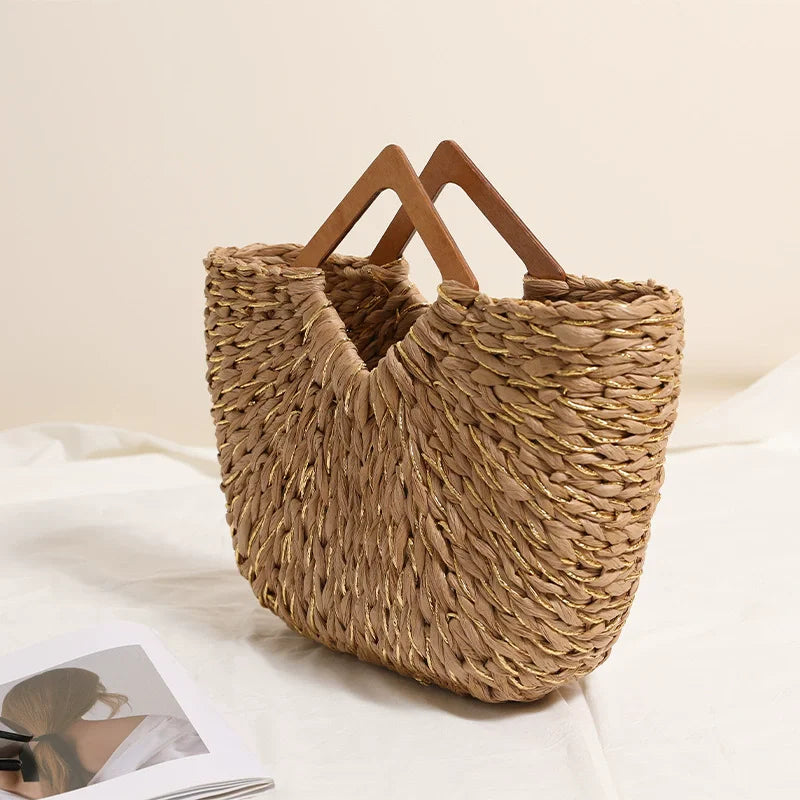 Lady Fashion Summer Women's Top Handbag Bohemia Style Wooden Handle Tote Soft Chains Handmade Straw Woven Basket Shopper