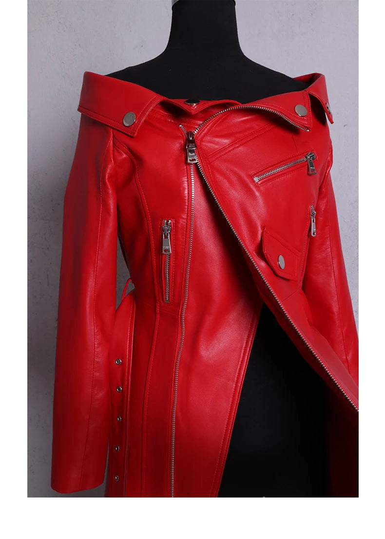 Spring Autumn Maxi Dresses for Women Slash Neck Red Black PU Leather Dress Women Long Sleeve Runway Elegant Dress