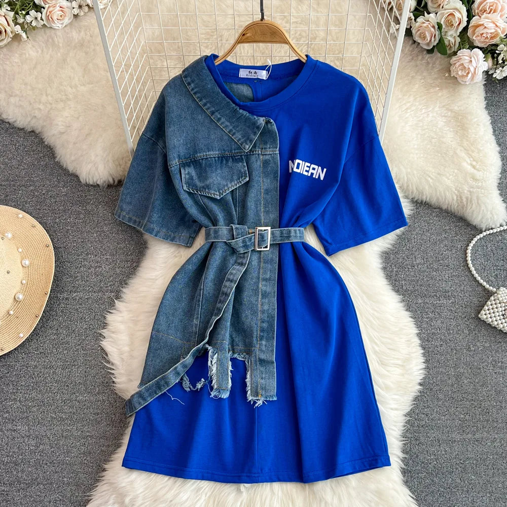 New Fashion Round Neck Color Blocking Women Casual Tops Denim T-Shirt Dresses