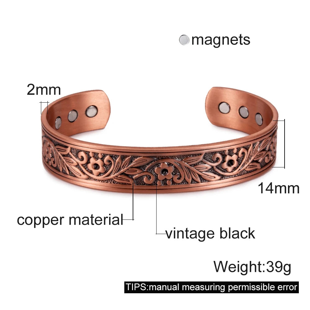 Vinterly Pure Copper Bracelet Men Magnetic Vintage Adjustable High Magnet Open Cuff Bangles Health Energy Jewelry for Male Women