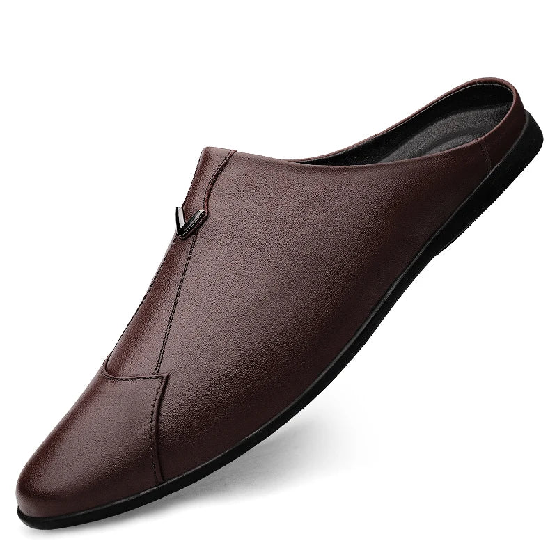 Summer Autumn Breathable Slip-On Men's Half Genuine Leather Formal Dress Loafers Holiday Comfort