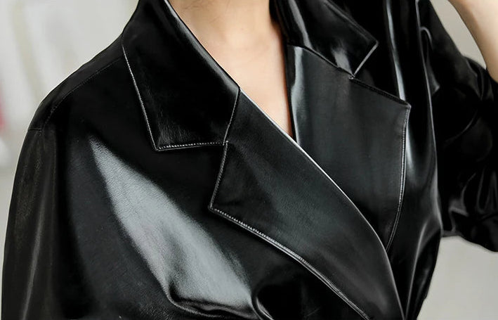 Shiny Patent Leather Turn-Down Collar Trench Coat with Belt for Women, Gothic Faux Latex, PU Long Sleeve Overcoat, Winter Custom