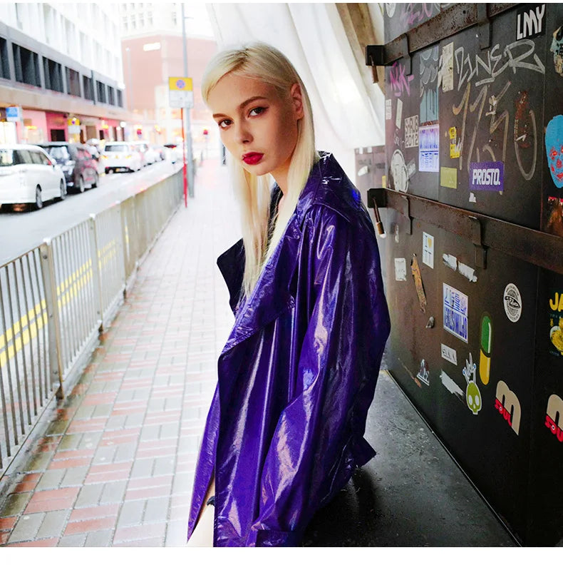 Nerazzurri Spring Autumn Purple Shiny Womens Patent Leather trench coat belt raglan sleeve Oversized soft runway long Overcoat