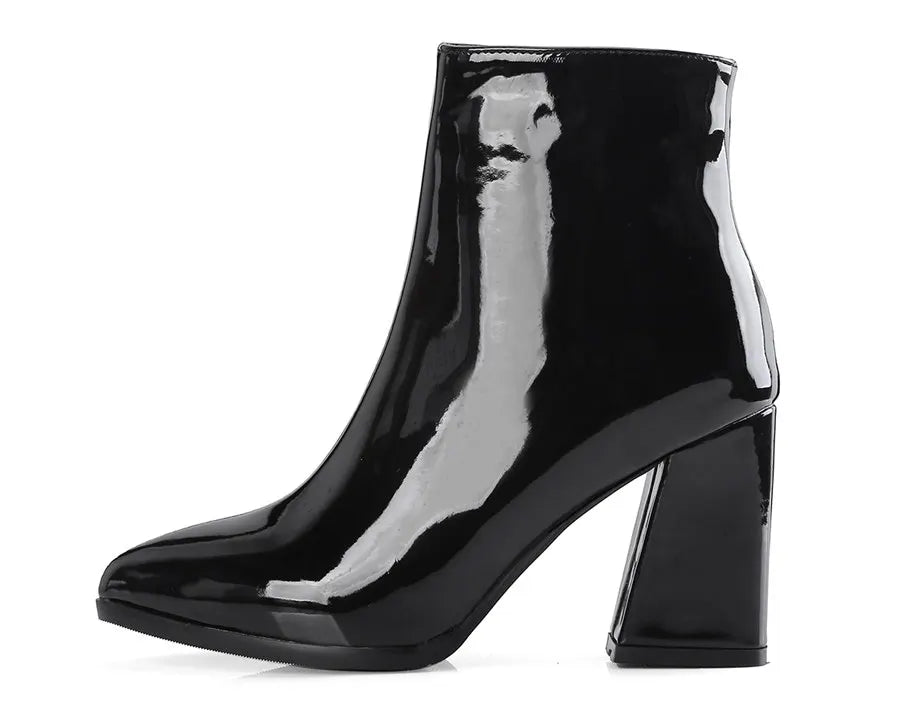 Silver Winter Women Ankle Boots Gold Mirror Patent Leather High Block Heel Party Office Lady Sexy Pointed Toe Zipper Short Plush