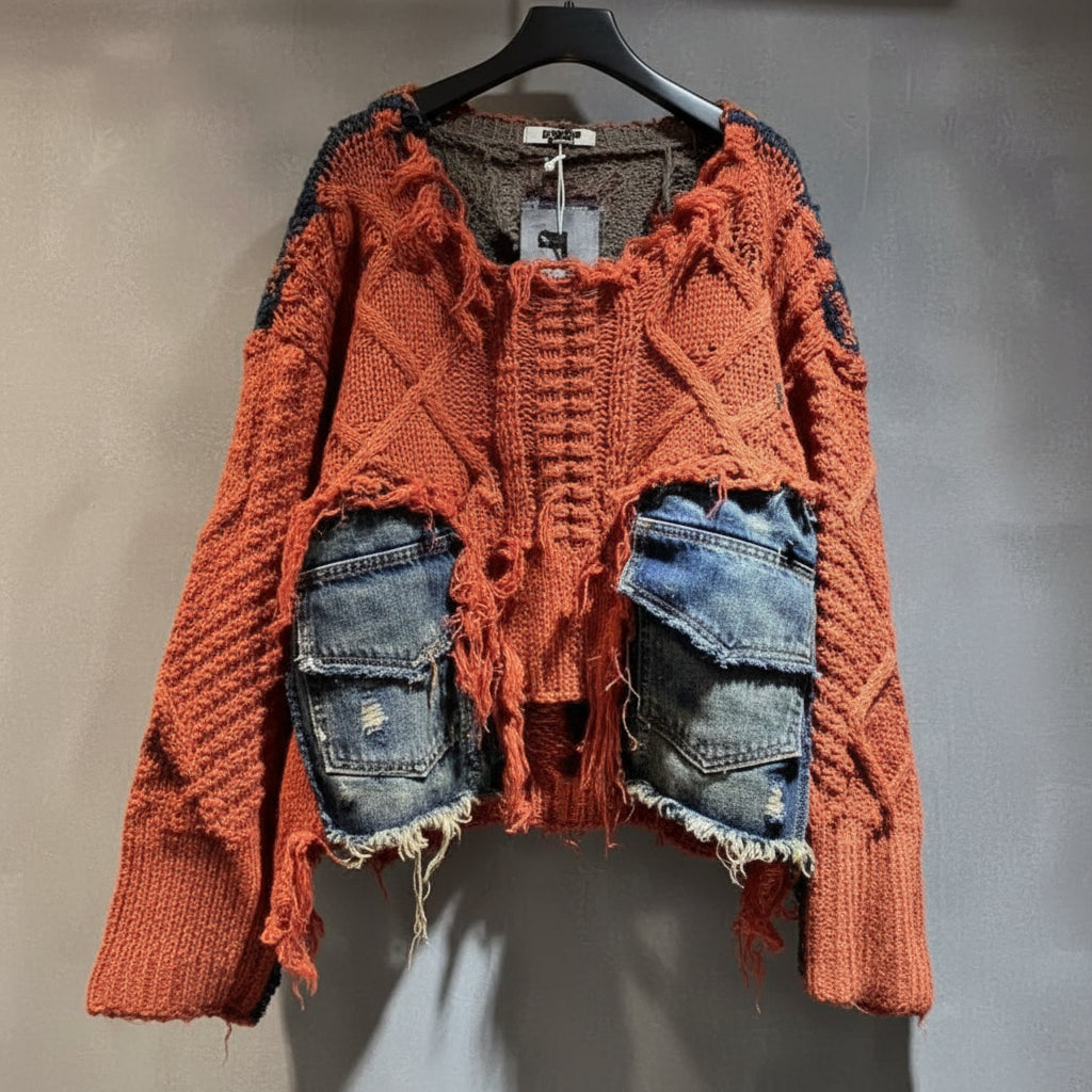 2026 Autumn New Fashionable Personalized Splicing Denim Round Neck Long Sleeve unisex Sweater