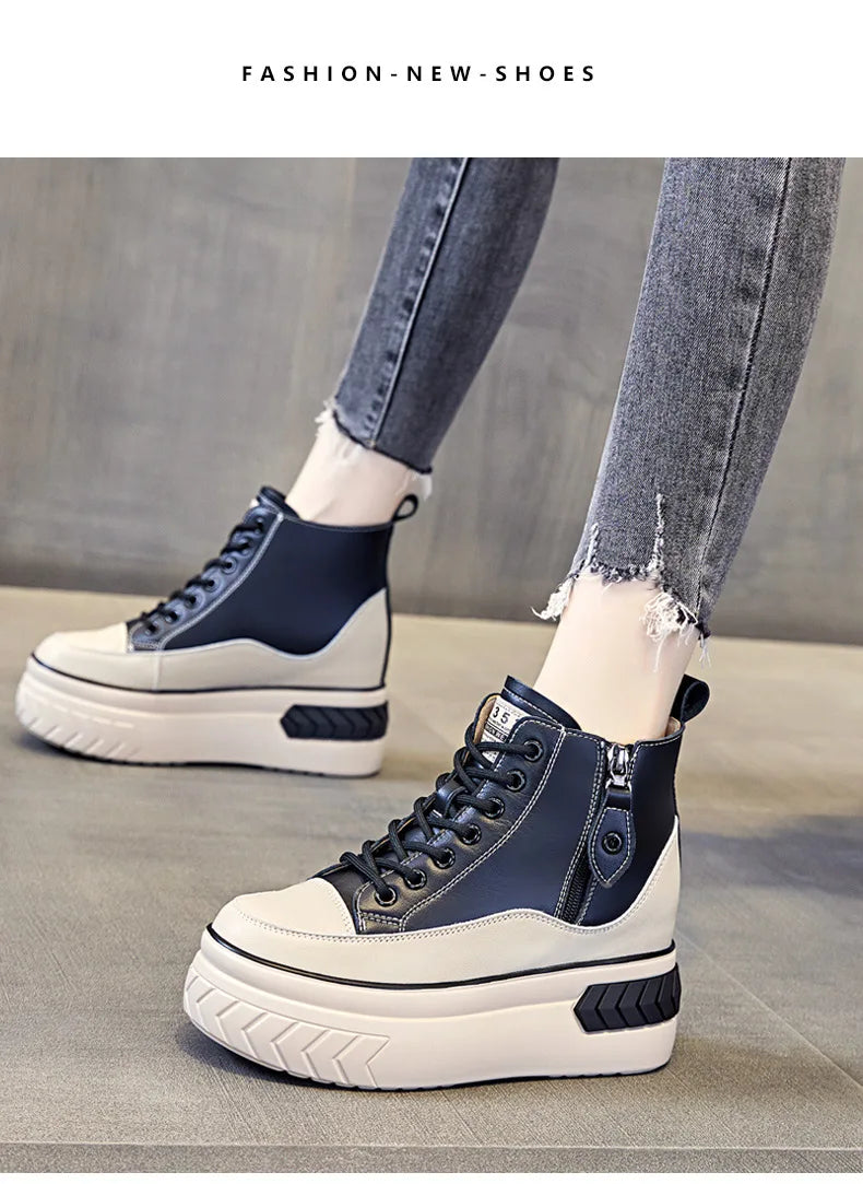 High Top Women Shoes Genuine Leather 8cm Platform Boots Ankle Wedge Hidden Heel Zip Autumn Warm Fur Winter Shoes Sneakers