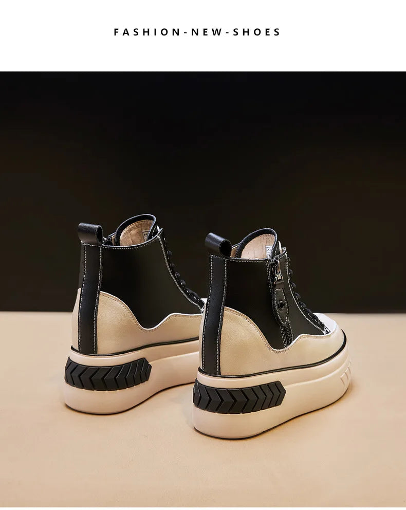 High Top Women Shoes Genuine Leather 8cm Platform Boots Ankle Wedge Hidden Heel Zip Autumn Warm Fur Winter Shoes Sneakers