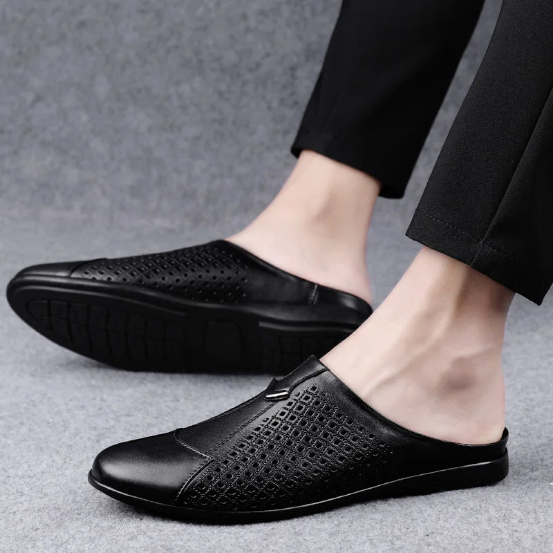 Summer Autumn Breathable Slip-On Men's Half Genuine Leather Formal Dress Loafers Holiday Comfort