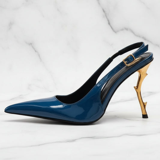 Slingback Women Back Strap Gold Strange Heels on  Pumps Patent Dress Sandals Pointed Toe Shoes