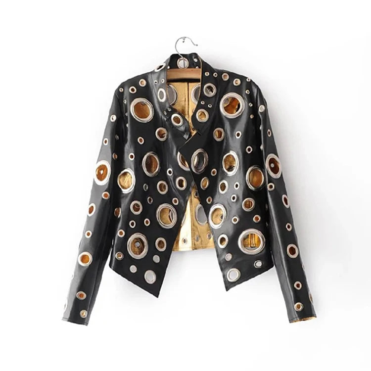 Rocker Runway Cut Out Short Faux Leather Jacket Golden Rivet Cool Stylish Designer Clothes Women European American Fashion 2022