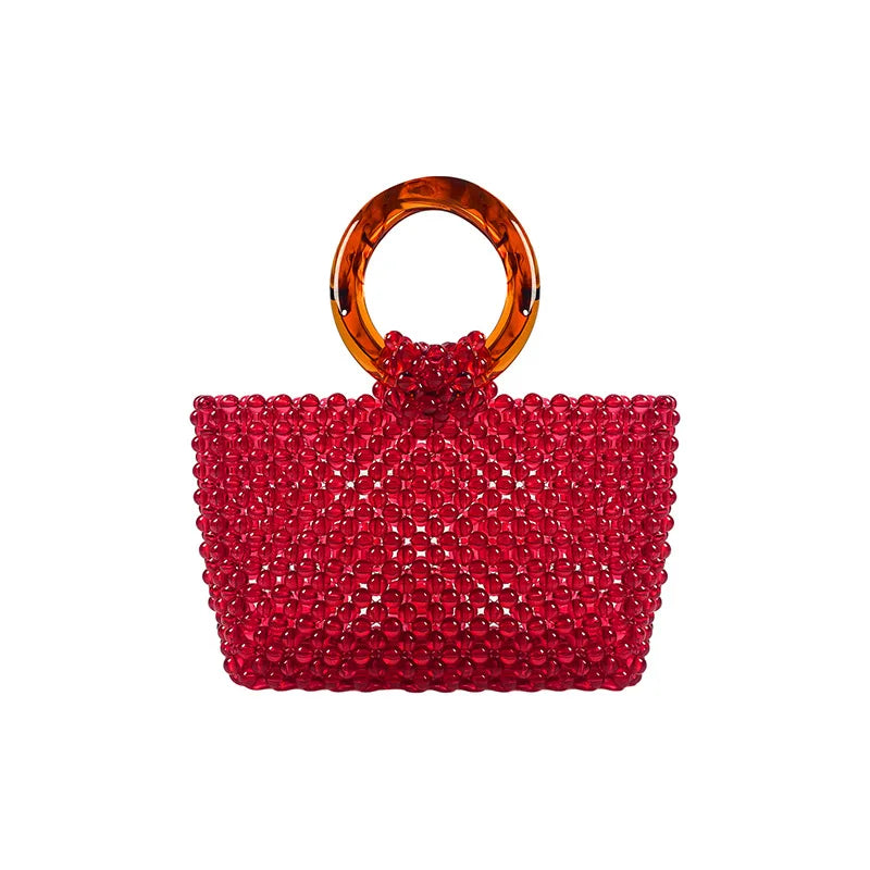 Double Circle Acrylic Handle New Amber Color Bead Tote Bag Women Beaded Acrylic High Quality Hand-woven Fashion Exquisite Purses