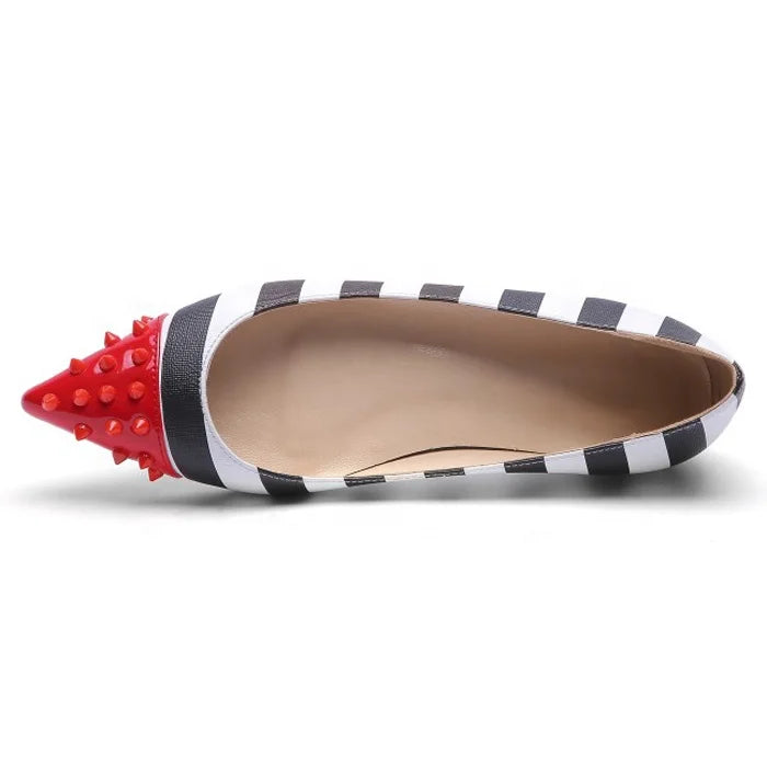 Latest Design Women Flat Dress Shoes Pointy Toe Black&White Stripe Rivets Studs Pump Shoes Office Lady Work Dating Shoes