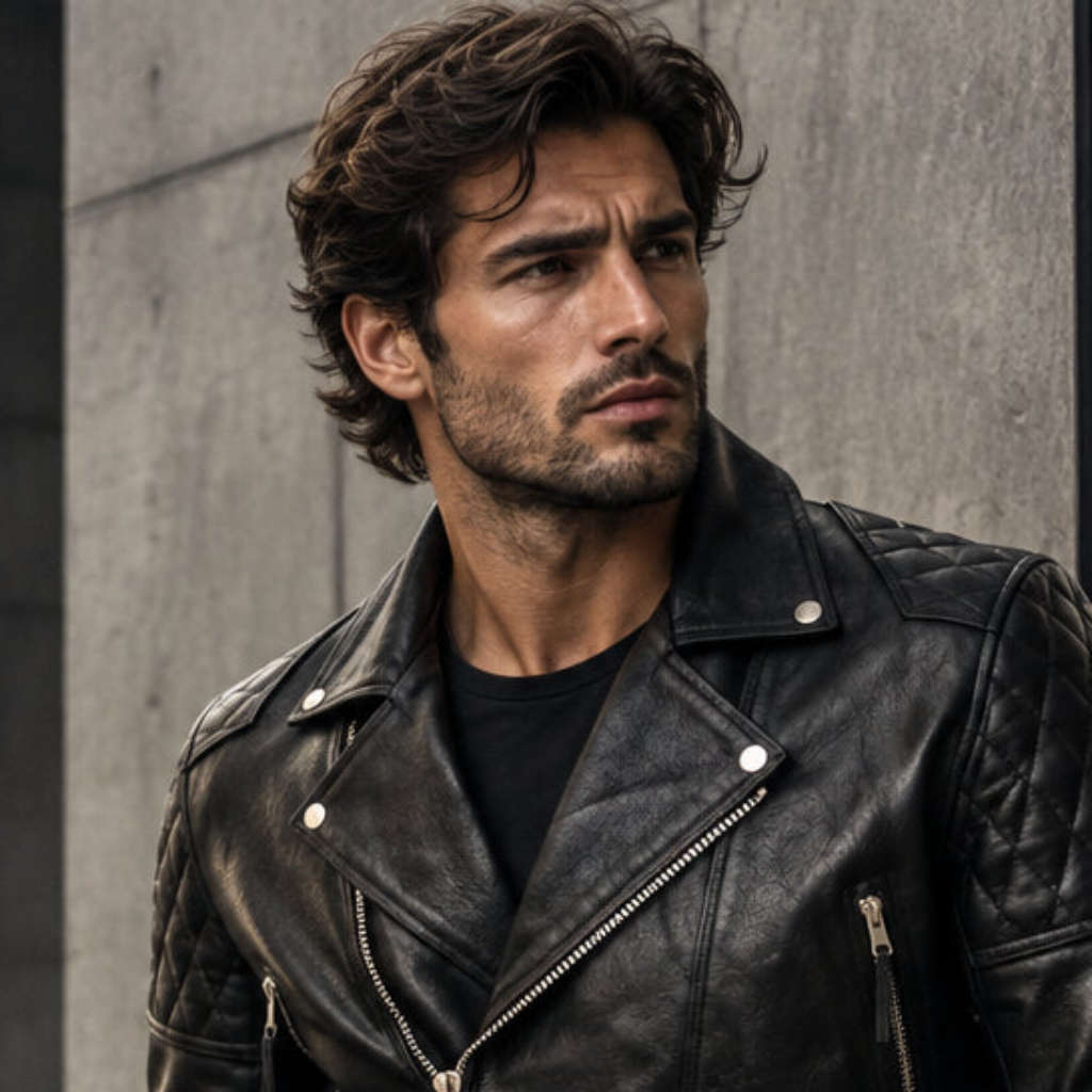 Mens Genuine Leather Biker Jacket Black Motorcycle Moto Jacket Asymmetrical Zip Quilted Shoulder Leather Outerwear