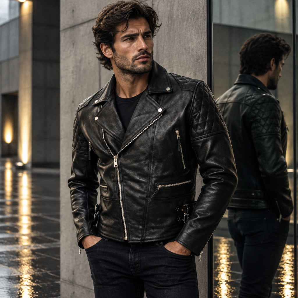 Mens Genuine Leather Biker Jacket Black Motorcycle Moto Jacket Asymmetrical Zip Quilted Shoulder Leather Outerwear