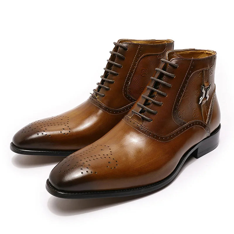 Luxury men's genuine leather ankle boots stylish lace-up pointed toe formal shoes for wedding office basic men's shoes