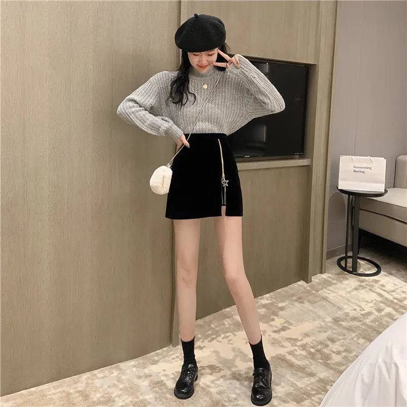 FairyShely Black Mini Skirt Women 2025 Velvet Short Pencil Skirt Korean Ladies Sexy Office Wear High Waist Skirts Zipper Faldas
