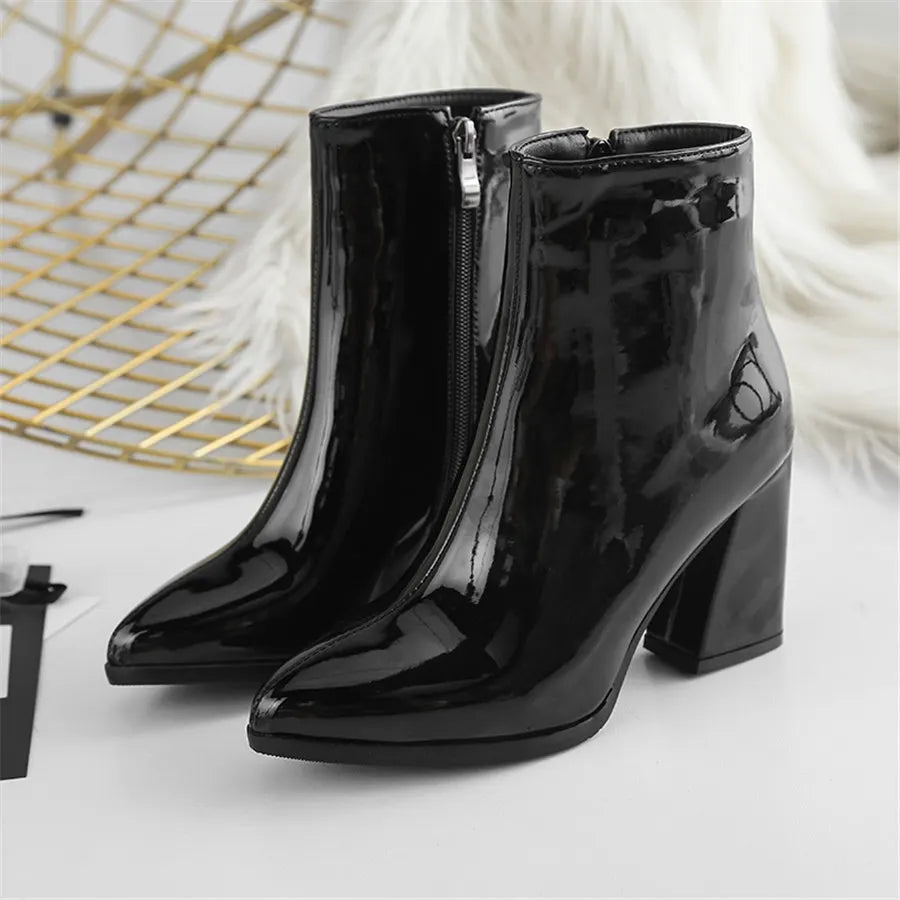 Silver Winter Women Ankle Boots Gold Mirror Patent Leather High Block Heel Party Office Lady Sexy Pointed Toe Zipper Short Plush
