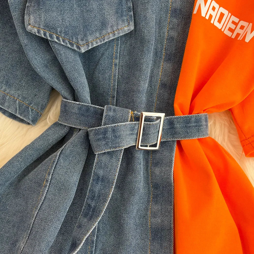 New Fashion Round Neck Color Blocking Women Casual Tops Denim T-Shirt Dresses