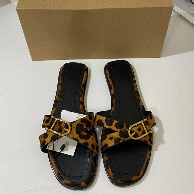 Designer Women's Leather Sandals Cute Leopard Print Summer Beach Style Height Increasing Feature Recyclable-for Spring