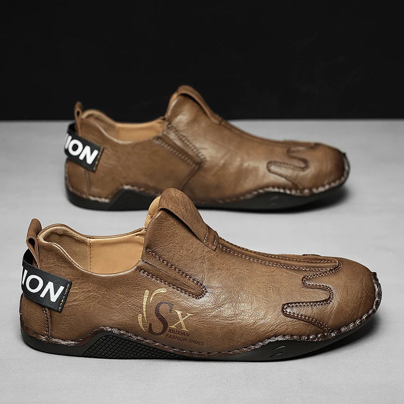 Men's Leather Slip-On Flat Business Shoes-Anti-Slip Breathable Comfort Lightweight for Long-Hour Use