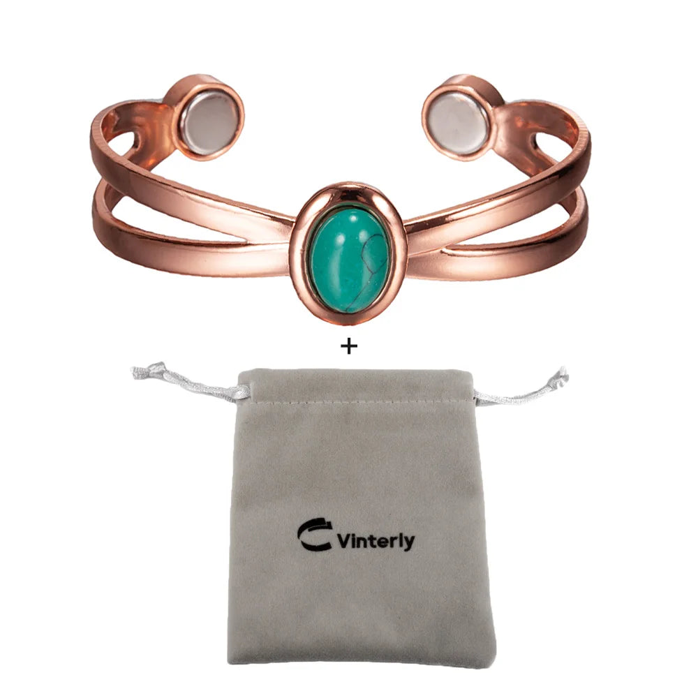 Magnetic Copper Bracelets for Women Blue Stone Adjustable Cuff Copper Magnetic Bracelet Arthritis Cross Healing Energy Bangle