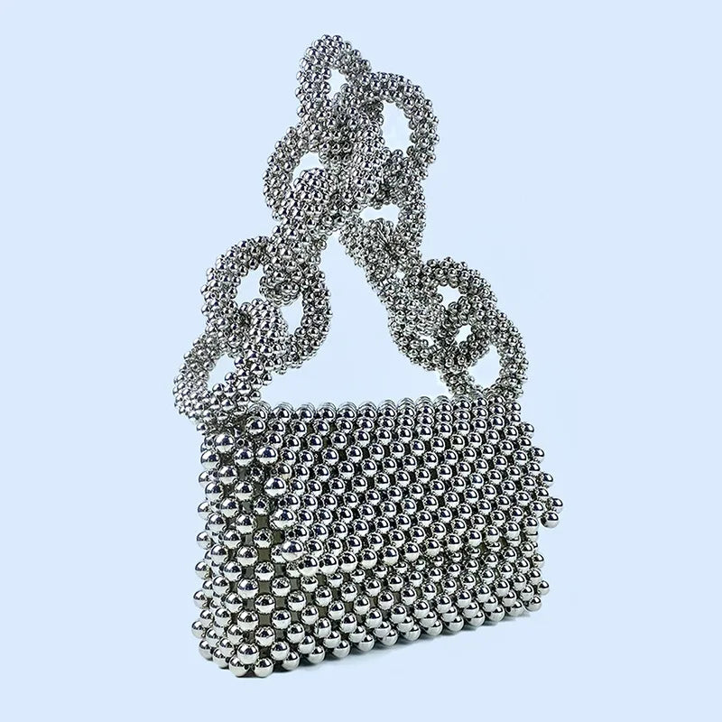 Silver Beaded Bag for Women New Bold Chunky Chain Mobile Phone Bag Hollow Bead Bag Finished Handheld One Shoulder Underarm Bag