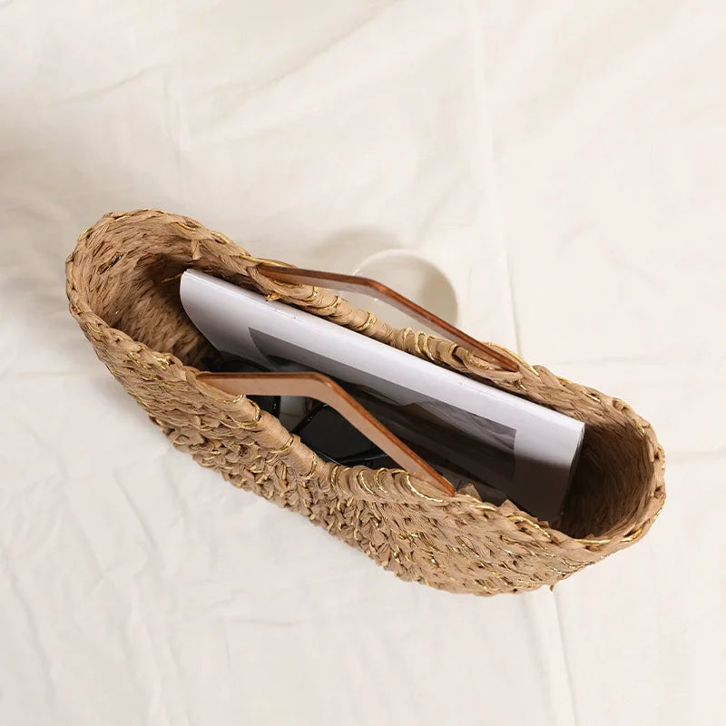 Lady Fashion Summer Women's Top Handbag Bohemia Style Wooden Handle Tote Soft Chains Handmade Straw Woven Basket Shopper