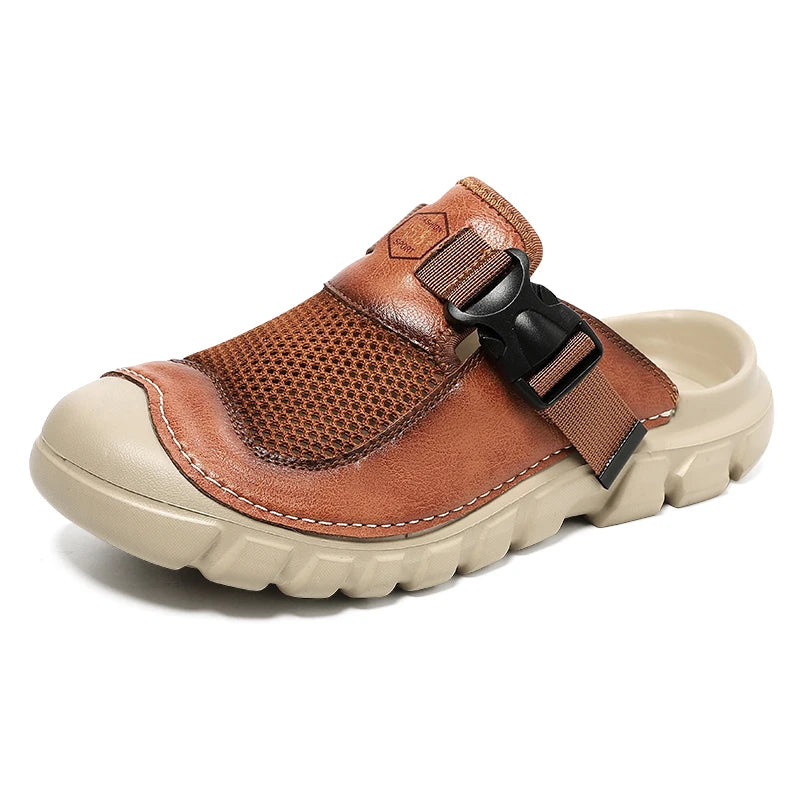 Men's Artisan Made Head Layer Leather Outdoor Slippers Cushioned Insole Breathable
