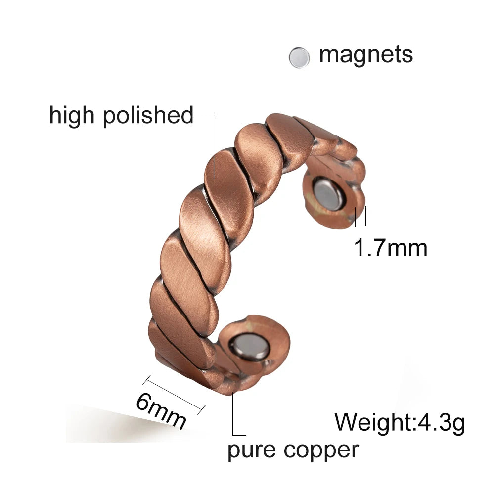 Vinterly Twisted Adjustable Pure Copper Rings Magnetic Therapy Athritis 6mm Wide Health Energy Finger Open Cuff Jewelry for Men