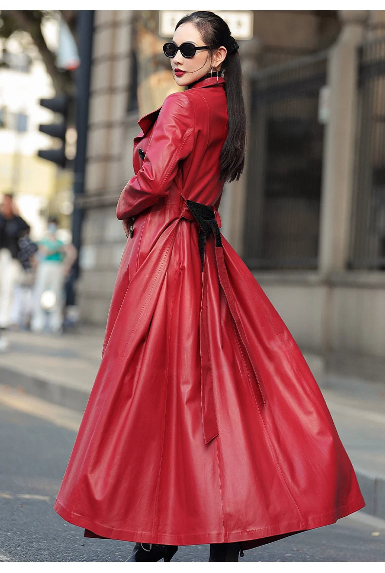 Nerazzurri Autumn Maxi Red Pu Leather Trench Coat for Women Long Sleeve Belt Double Breasted Elegant Luxury Runway Fashion 2023