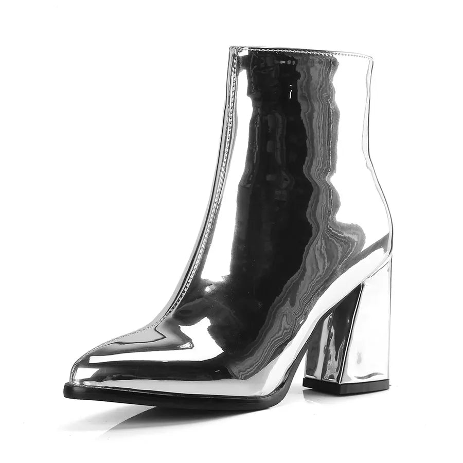 Silver Winter Women Ankle Boots Gold Mirror Patent Leather High Block Heel Party Office Lady Sexy Pointed Toe Zipper Short Plush