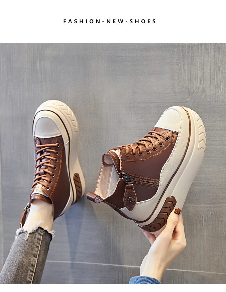 High Top Women Shoes Genuine Leather 8cm Platform Boots Ankle Wedge Hidden Heel Zip Autumn Warm Fur Winter Shoes Sneakers