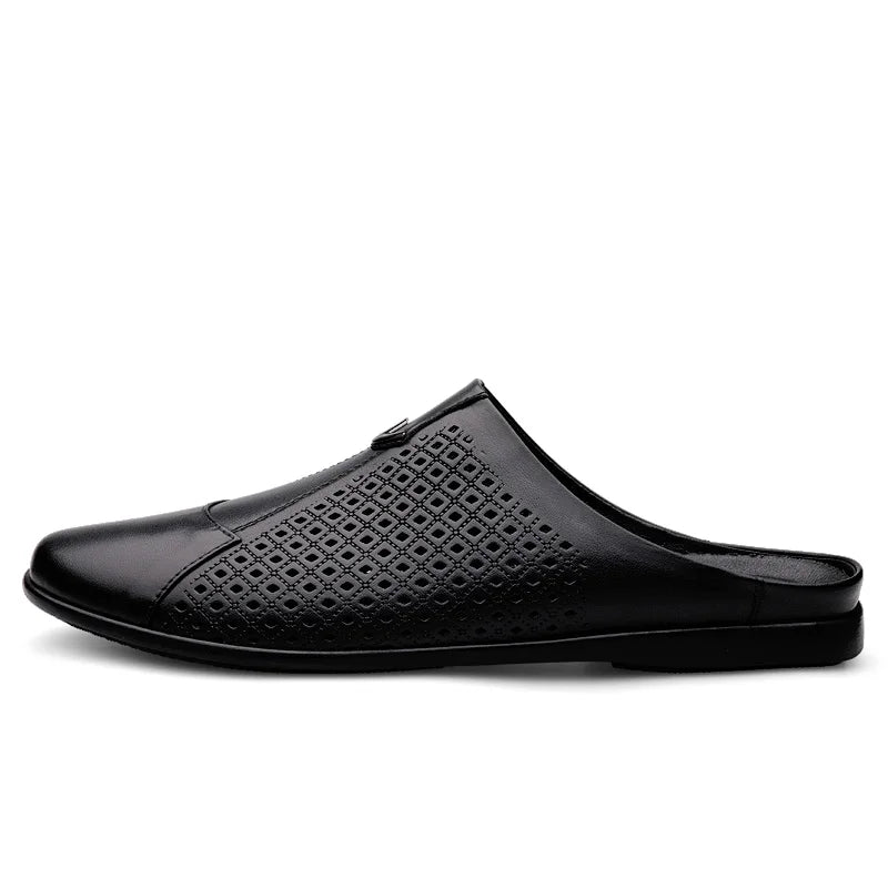 Large Size Man Hollow-Out Cow Leather Loafer Breathable and Durable Casual Half Shoes