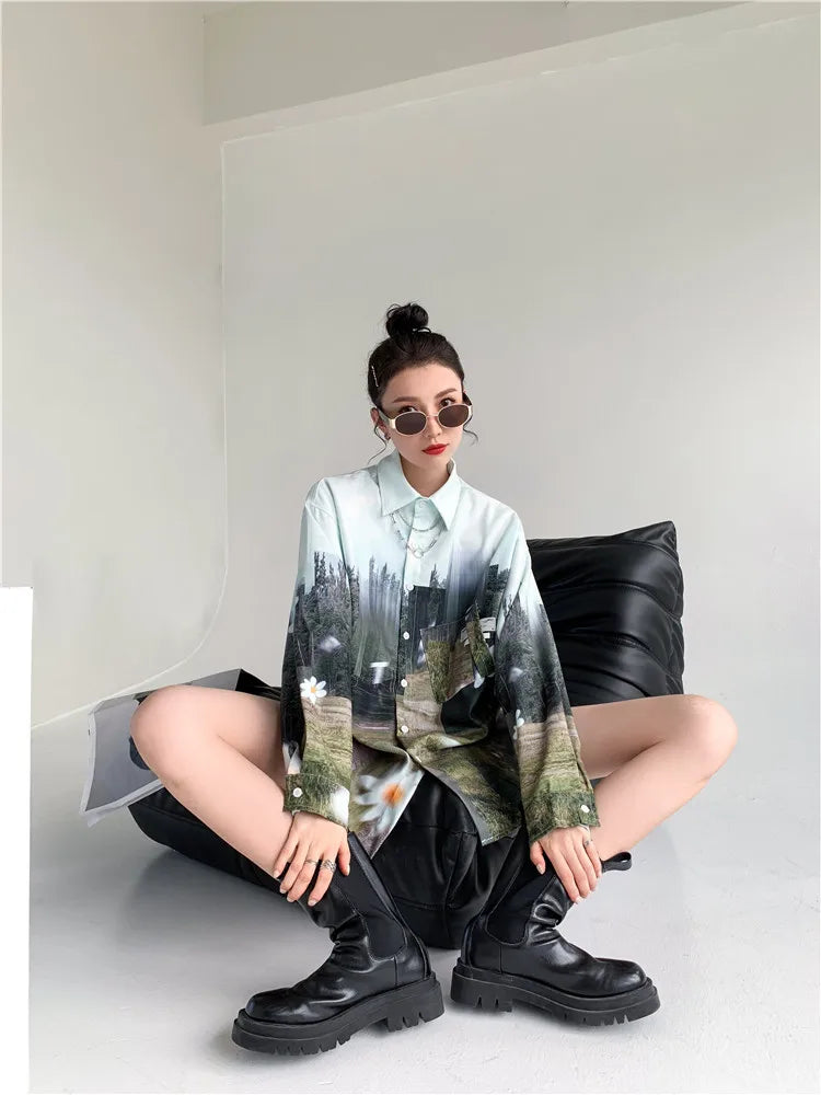 Oversized Women Blouses oil Printing shirts Harajuku Tops Long Sleeve Couple's Streetwear Blusas Mujer