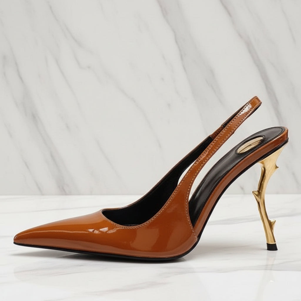 Slingback Women Back Strap Gold Strange Heels on  Pumps Patent Dress Sandals Pointed Toe Shoes