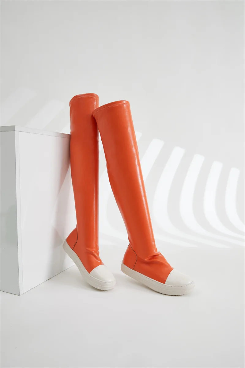 New Arrivals High Quality Women's Boots Flat Pu Leather Red Thigh High Other Trendy Shoes