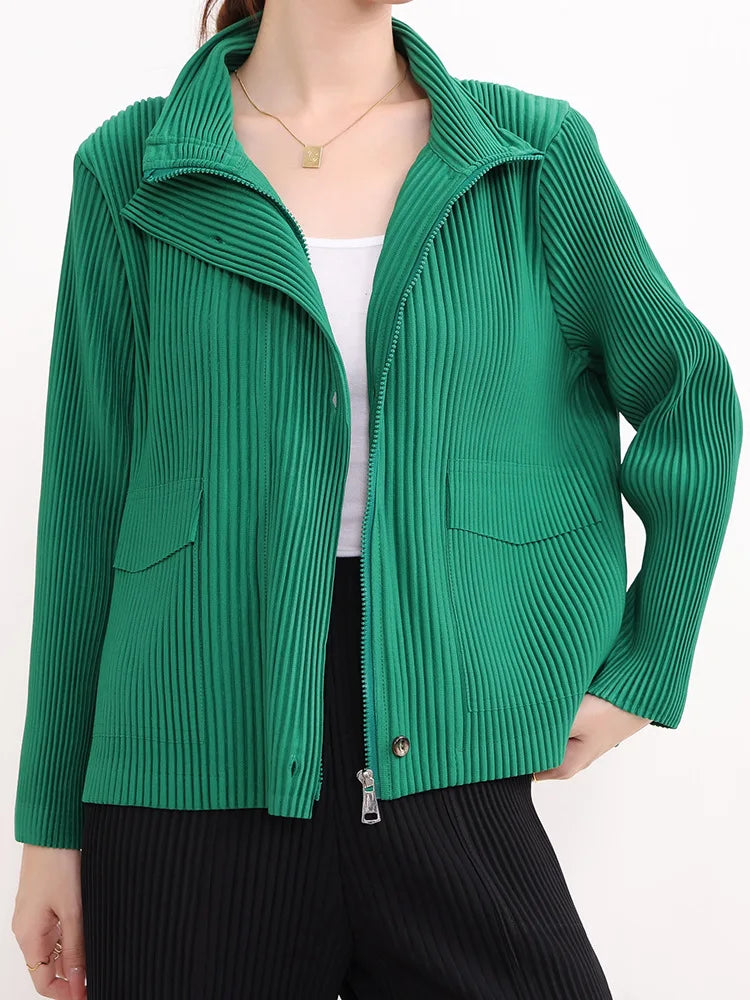 High End Miyake Pleated New Solid Color Collar Single Row Toothpick Pleated Retro Raincoat Commuting Women's Slim Fit Jacket