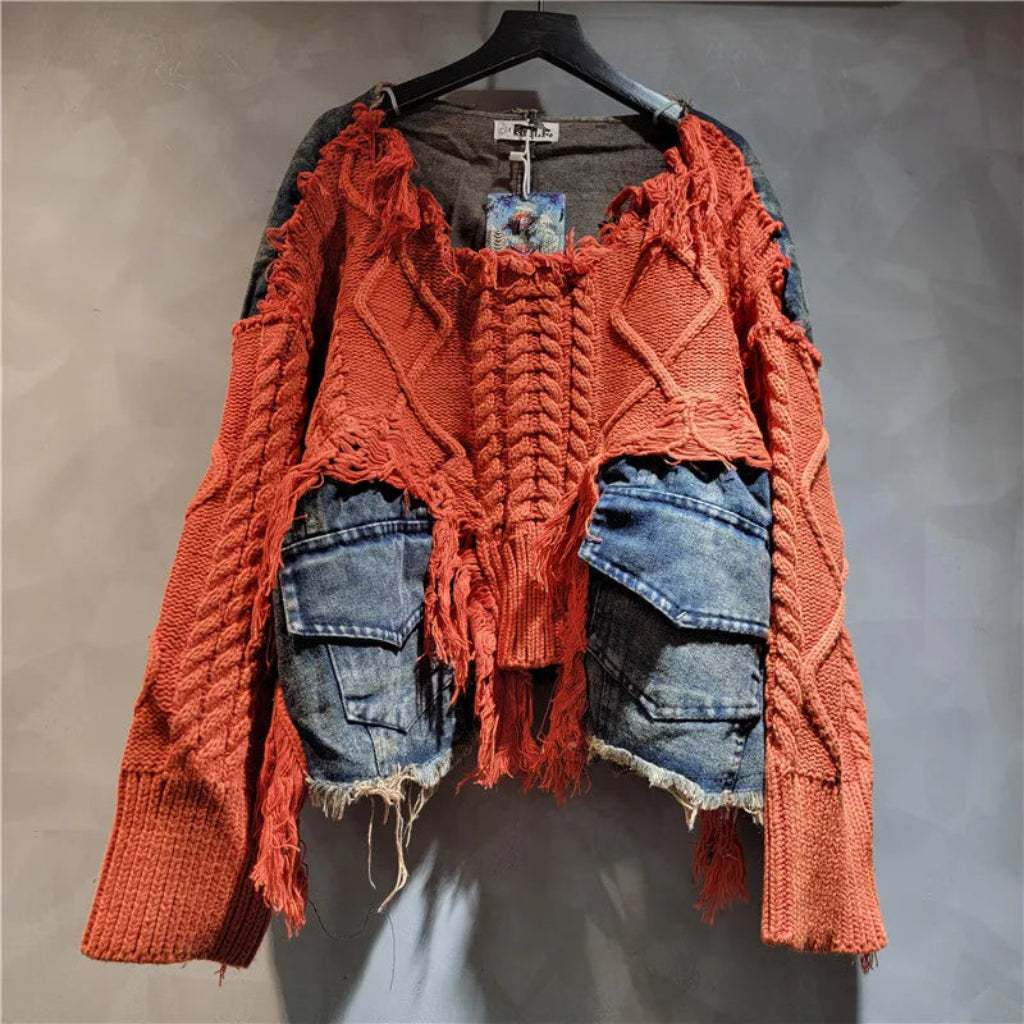 2026 Autumn New Fashionable Personalized Splicing Denim Round Neck Long Sleeve unisex Sweater
